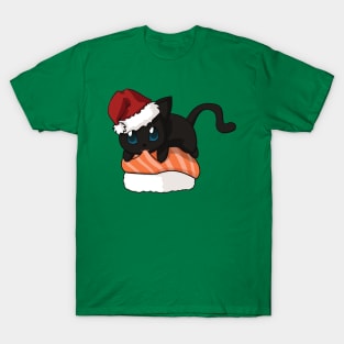 Black Cat Salmon Sushi Christmas T-Shirt